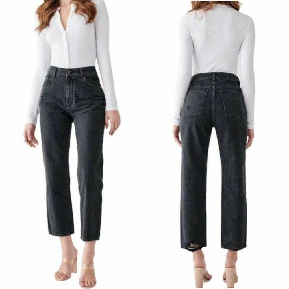 DL1961 Jerry High Rise Vintage Straight Black Denim Distressed Jeans